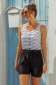 Striped Scoop Neck Button Belt OnePiece Swimsuit