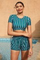 Green Striped Hign Neck Sleeve Bikini Top And HighWaist Boy Short
