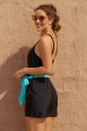 Solid Black Square Neck Wide Straps Belt OnePiece Swimsuit