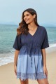 Blue VNeck Lace Hem Drawstring Tie Beach Dress with Sleeves