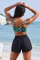 Green Floral Scoop Neck Adjustable Strap  Bikini Top And HighWaist Boy Shorts Set
