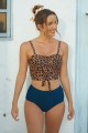 Tie Front Leopard Print Bikini Top With Blue Bottom