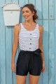 Striped Scoop Neck Button Belt OnePiece Swimsuit