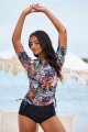 Colorful Leaf High Neck Sleeves Zipper Back Side Drawstring Tankini Top And Ruching Bottom