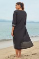 Black Floral Scoop Neck Long Sleeves Beach Dress
