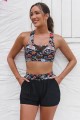 Black Floral Mesh Patchwork Square Neck Wide Straps Bikini Top And HighWaist Boy Shorts Set