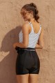 Striped Scoop Neck Button Belt OnePiece Swimsuit