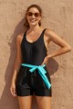 Solid Black Square Neck Wide Straps Belt OnePiece Swimsuit