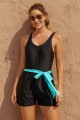 Solid Black Square Neck Wide Straps Belt OnePiece Swimsuit