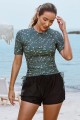 Floral Round Neck Short Sleeves Zipper Back Side Drawstring Tankini Set