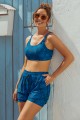 Deep Blue Floral Square Neck Adjustable Straps Sporty Bikini Top And HighWaist Boy Shorts