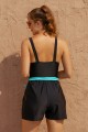 Solid Black Square Neck Wide Straps Belt OnePiece Swimsuit