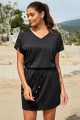 Solid Black V Neck Lace Drawstring waistband Beach Dress