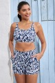 Blue Floral Scoop Neck Adjustable Strap Sporty Bikini Top And HighWaist Boy Shorts Set