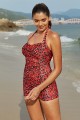 Red Floral Halter Strap Sweetheart Neck Ruching Tummy Control Casual OnePiece Swimsuit