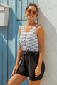 Striped Scoop Neck Button Belt OnePiece Swimsuit