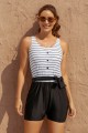 Striped Scoop Neck Button Belt OnePiece Swimsuit