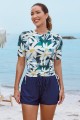 Floral Pattern Round Neck Sleeves Zipper Back Side Drawstring Tankini Top And HighWaisted Boy Shorts Set