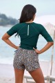 Dark Green Round Neck Sleeves Zipper Back Side DrawstringTankini Top And Floral HighWaisted Boy Shorts Set