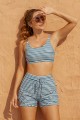 Green & White Stripes Square Neck Wide Straps Sporty Bikini Top And HighWaist Boy Shorts