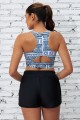 Black Geometric Print Racer Back Sporty BIkini Top And HighWaist Boy Short